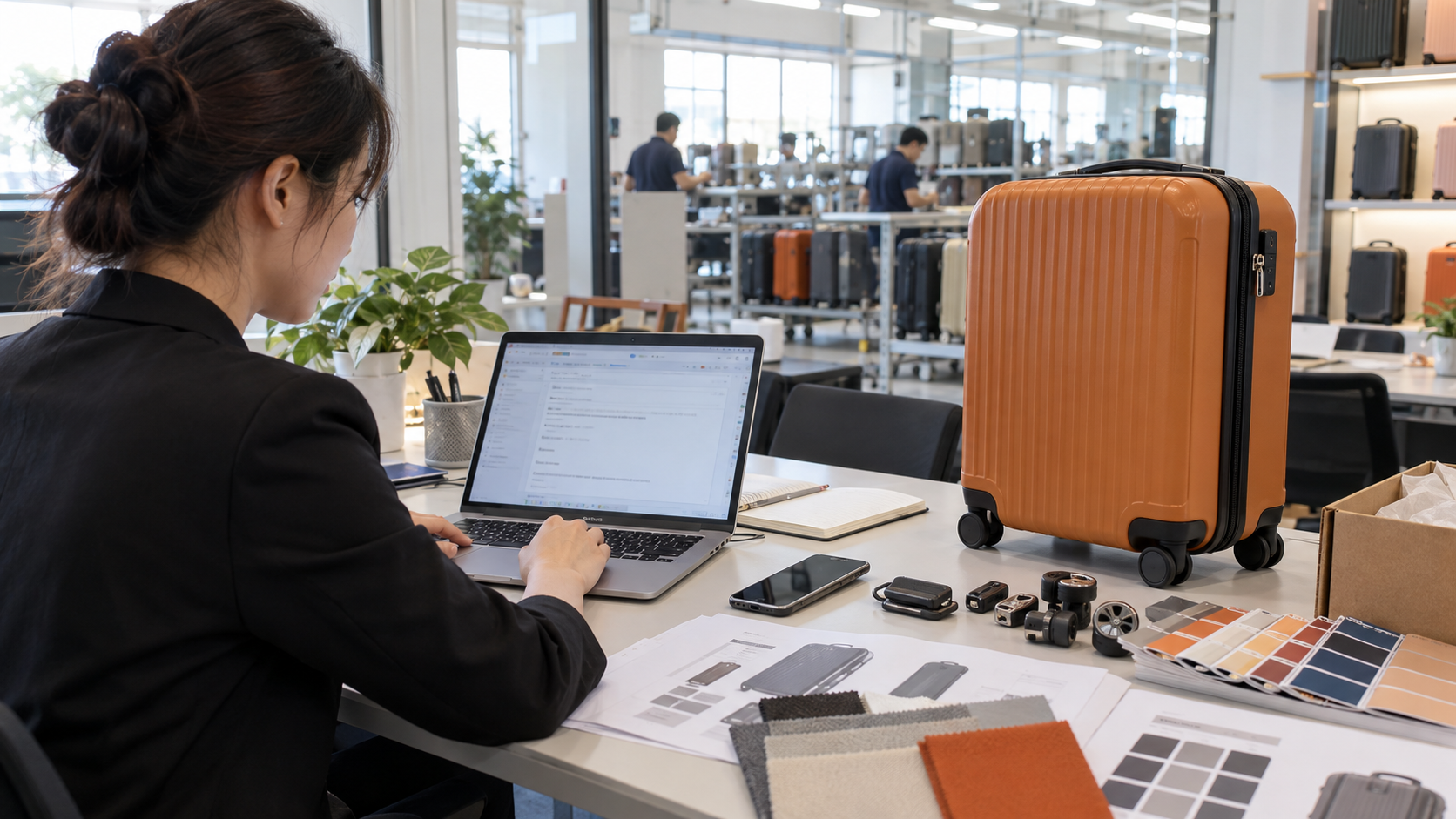 Sales representative reviewing luggage sourcing inquiry with suitcase sample and factory background